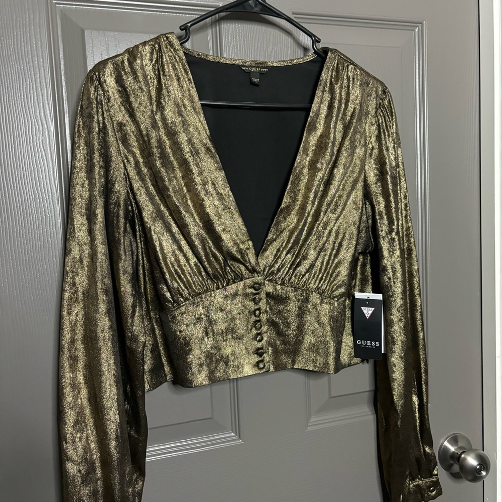 GUESS Shimmery Golden Bronzed Cropped Blouse Long Sleeves L New - Picture 2 of 9
